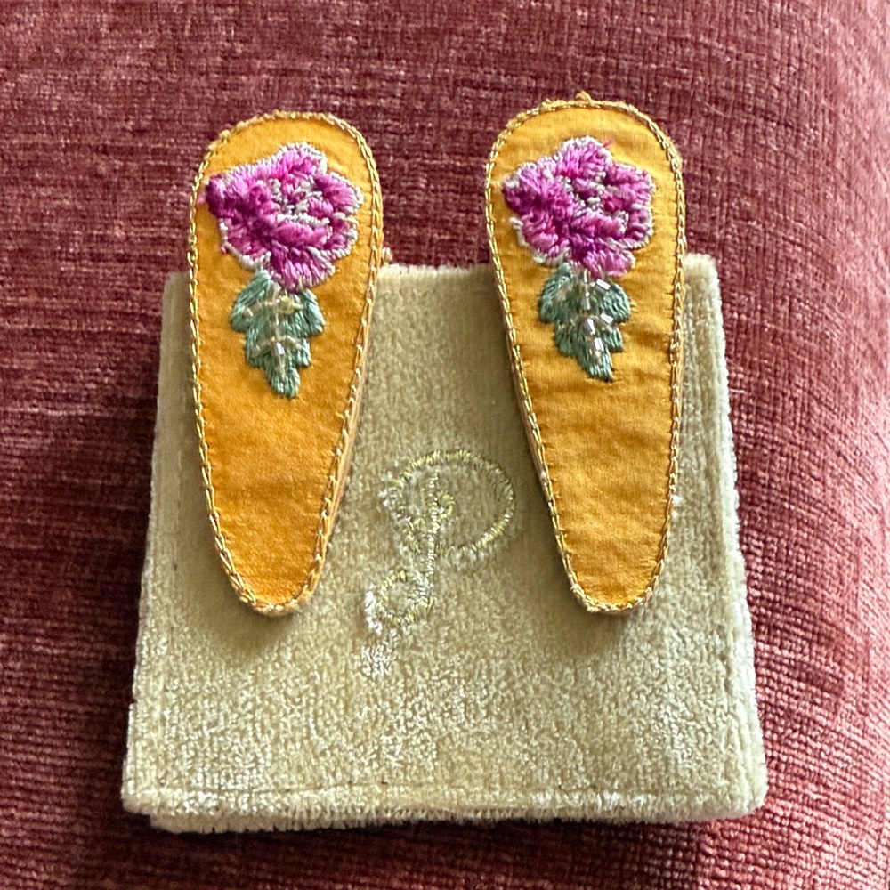 Embroidered Floral Hair Clips - Yellow and Pink